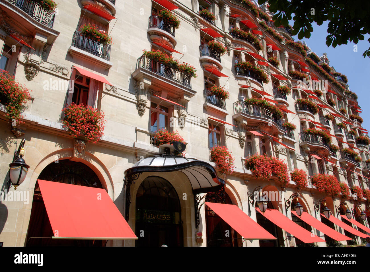 Frankreich-Ile de France Paris Avenue Montagne fünf Sterne Hotel Plaza Athenee mit roten Geranien in Haute-Couture-Mode-Viertel Stockfoto