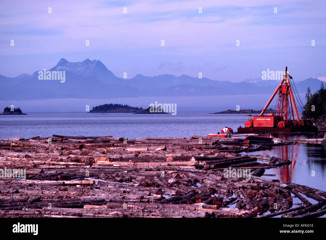 Log-Booms im Telegraph Cove auf Vancouver Island in British Columbia Kanada Stockfoto