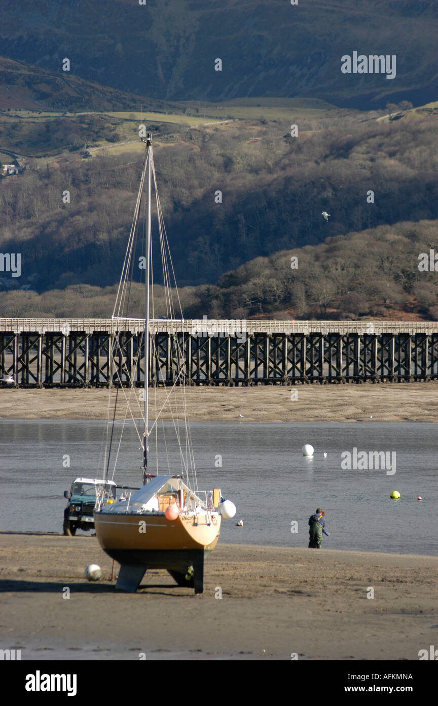 die Eisenbahnbrücke über die Mündung des Mawddach Abermaw Barmouth Gwynedd North Wales UK Stockfoto