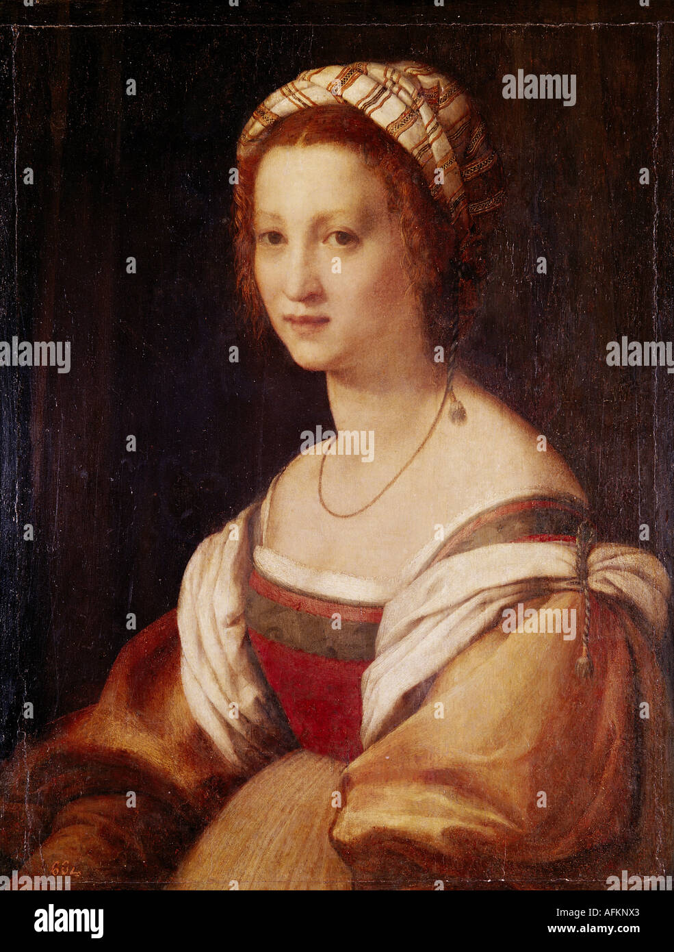 "Bildende Kunst, Andrea del Sarto, (1486-1531), Malerei, 'Portrait der Frau des Künstlers', 1513-1514, Öl auf Holz, 73 cm x 56 Stockfoto
