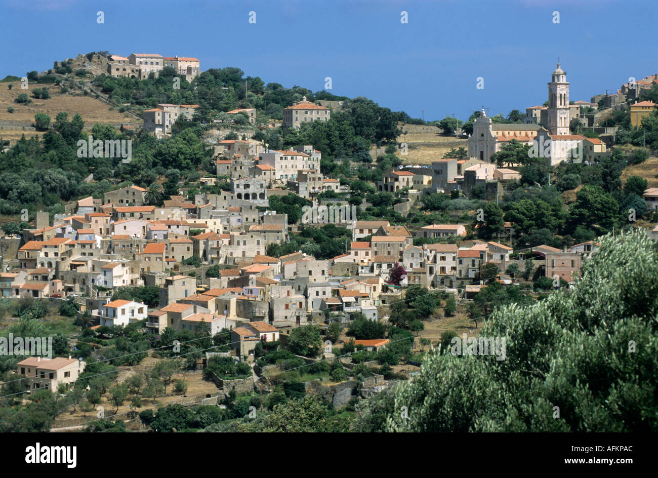 Malerisches Stadtbild und Hügeln, Corbara, Korsika, Frankreich. Stockfoto