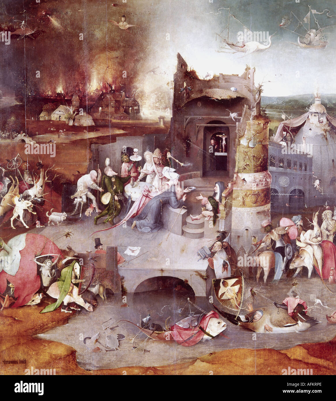 "Bildende Kunst, Bosch, Hieronymus (ca. 1450-1516), Malerei,"die Versuchung des Heiligen Antonius", Mitteltafel, 1505 1506, o Stockfoto