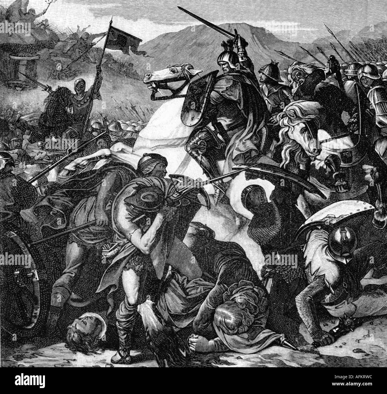 Ereignisse, hussitenkriege 1419 - 1436, Schlacht bei Hiltensried, 21.9.1433, Gravur nach Malerei von Anton Bauer, 19. Jahrhundert, hussiten, taboriten, Krieg, Kriegsführung, Mittelalter, Bayern, historisch, mittelalterlichen Menschen, Stockfoto