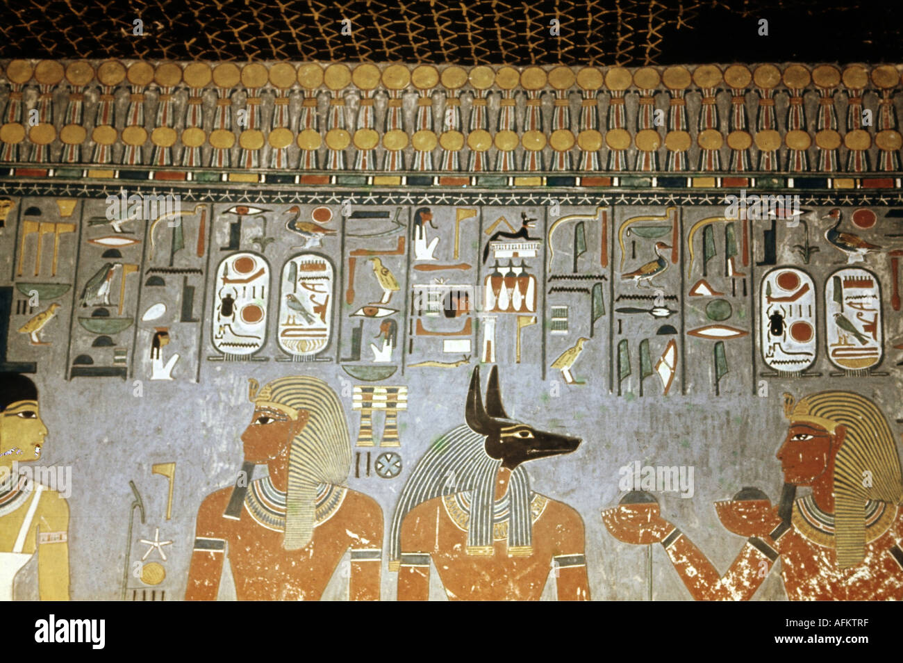Geographie/Reise, Ägypten, Religion, gott Anubis, Wandgemälde, Grab des Königs Horemeb (ca. 1333 - 1303 v. Chr.), 18. Dynastie, Tal der Könige, Hieroglyphen, alte Welt, Neues Reich, schöne Künste, historische, historische, alte Welt, Stockfoto