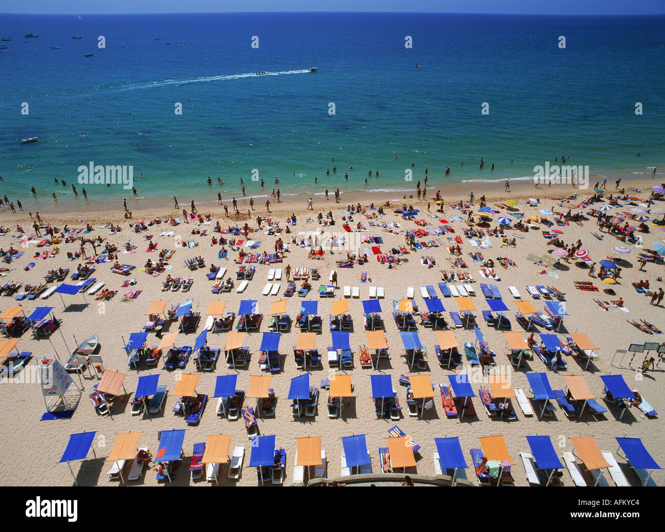 Reihen von Sonnenschirmen am Strand von Albufeira in Algarve-Portugal Stockfoto