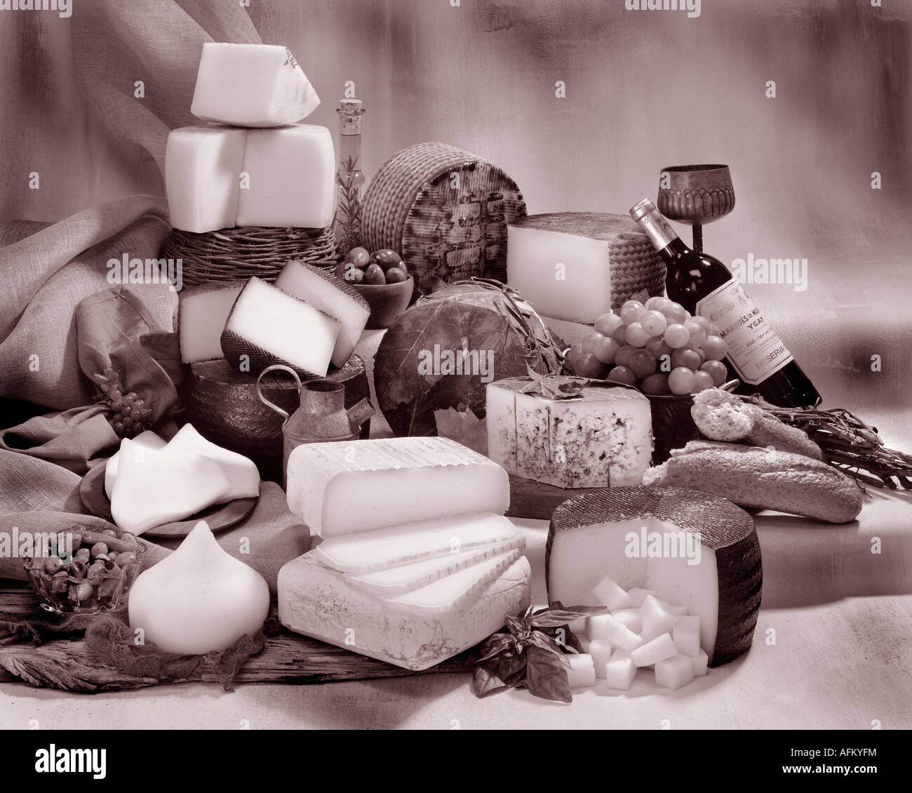 Spanische Käsesorten in Sepia von Gruppenfoto auf getönten gesprenkelte Hintergrund. Querformat, Studio Tischplatte. Klassisches Bild. Stockfoto