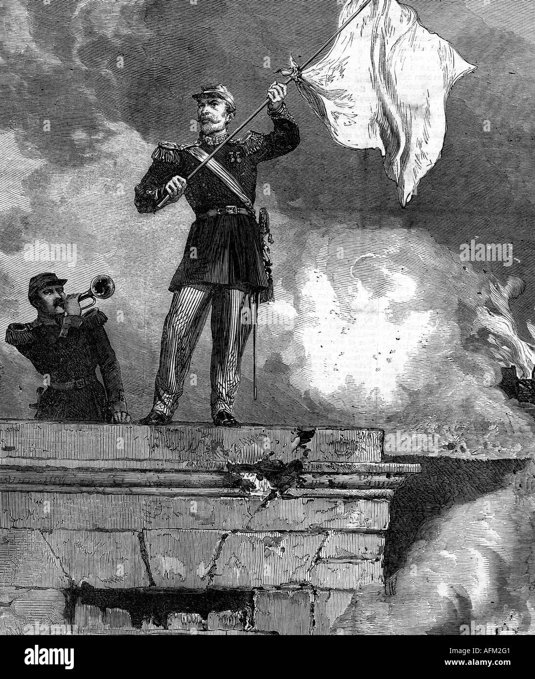 Ereignisse Franzosisch Franzosischer Krieg 1870 1871 Schlacht Von Sedan 2 9 1870 Kapitulation Der Festung Franzosischer Unterhandler An Der Mauer Gravur 19 Jahrhundert Frankreich Franco Prussisch Fahne Des Waffenstillstands Offizier