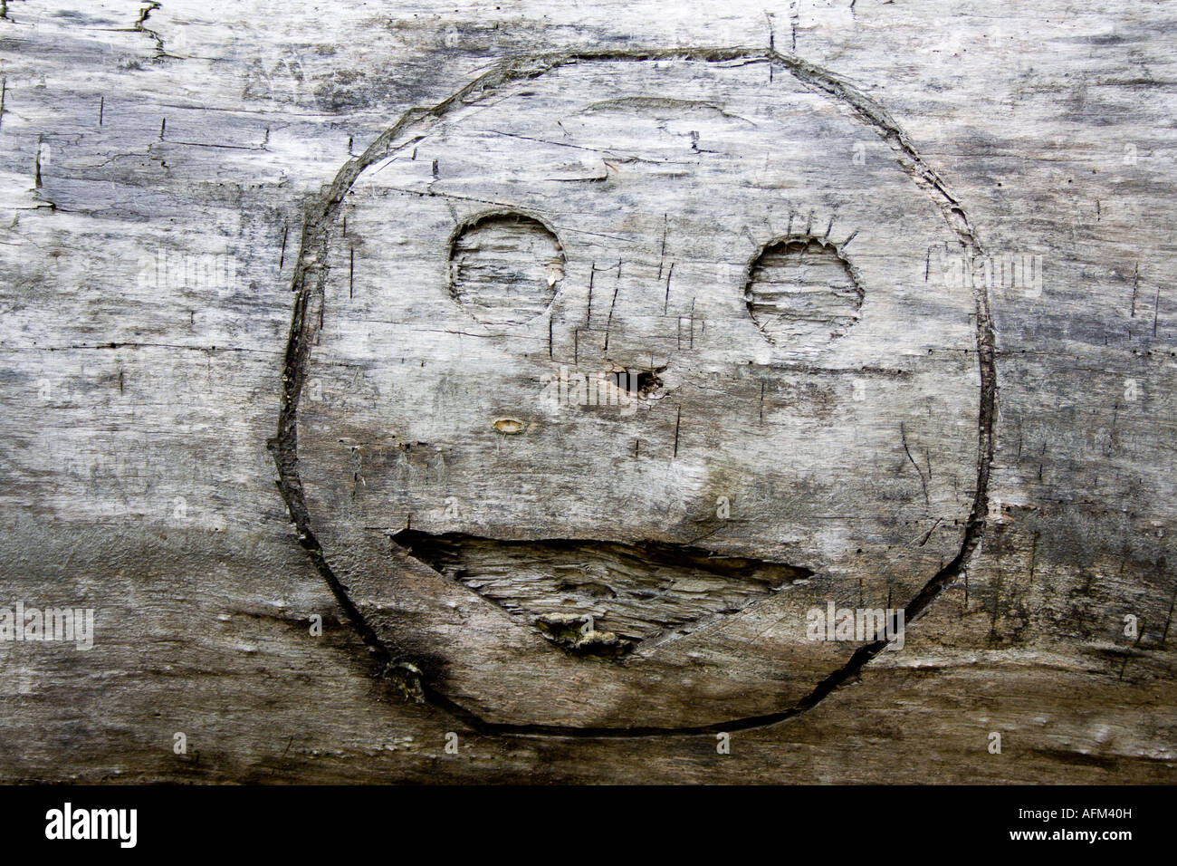 Lächeln Graven längst in Holz Stockfoto