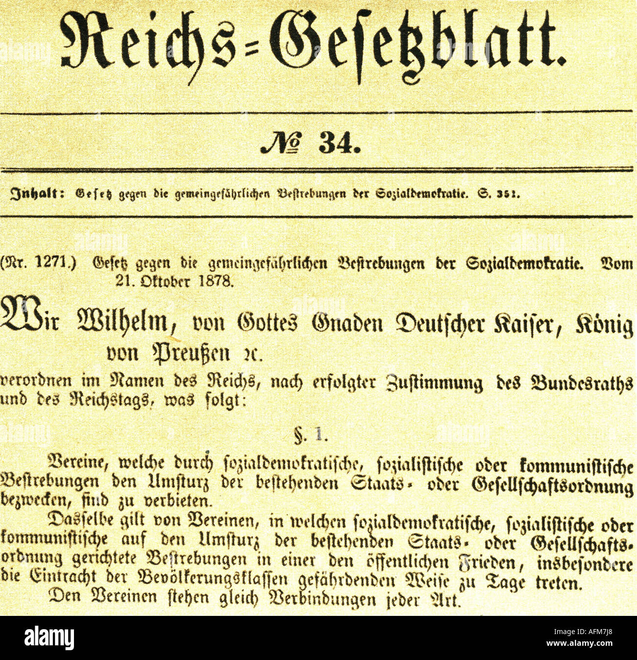 Geografie/Reisen, Deutschland, Politik, Antisozialistisches Recht, Veröffentlichung im Reichssetzblatt Nummer 34, 21.10.1878, Justiz, Gesetze, Sozialdemokratie, Stockfoto