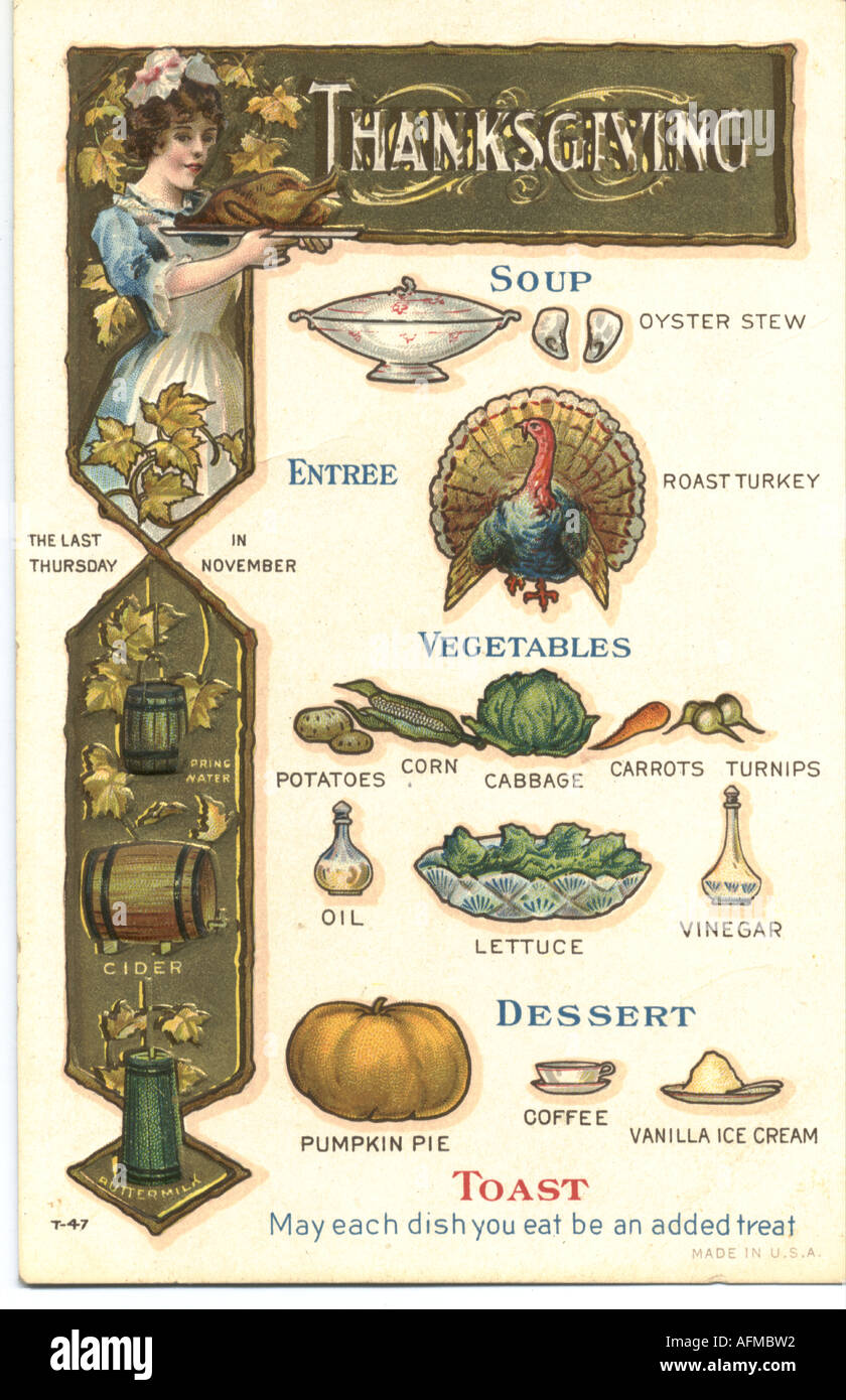 Chromolithographed und geprägte Gruß Postkarte geben Menü zum Erntedankfest, ca. 1905 Stockfoto