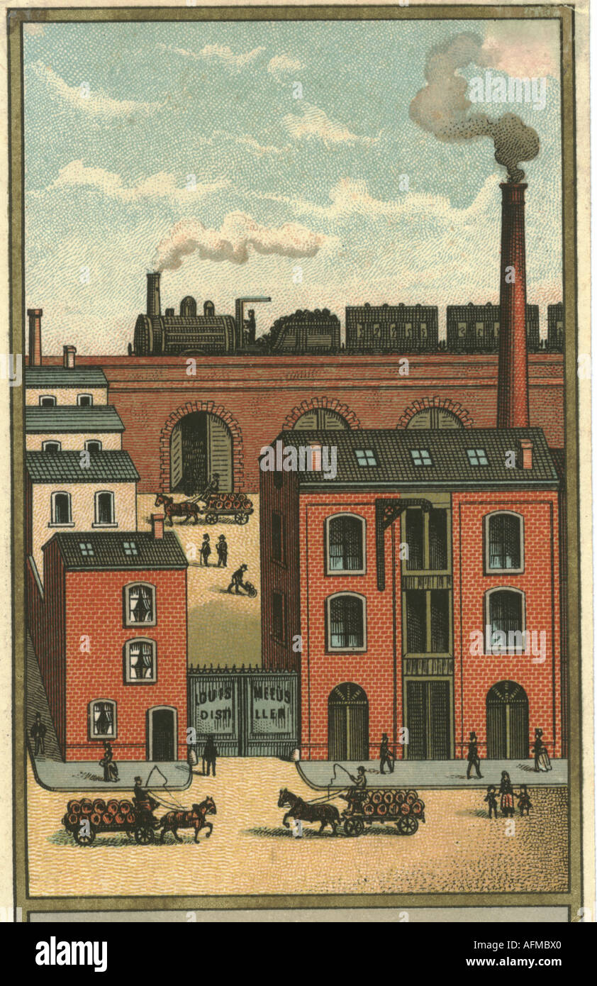 Chromolithographed Werbung für Louis Meeus Biere zeigt Londoner Büros und Shop um 1880 Stockfoto