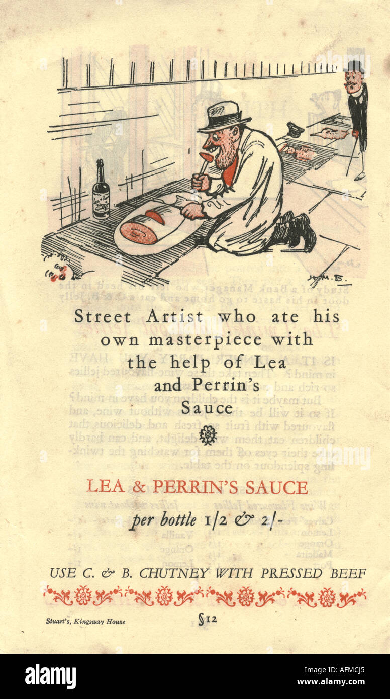 Werbebroschüre für Crosse & Blackwell illustriert von H. M. Bateman 1926. Das Rückcover zeigt 'Street Artist eating his own Masterpiece'. Stockfoto