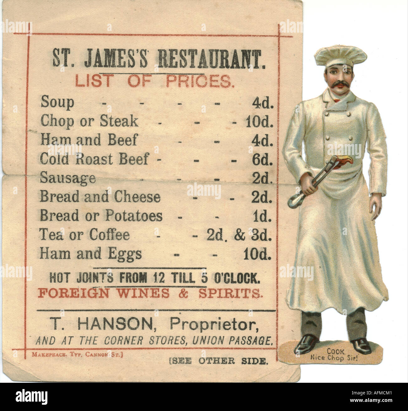 Chromolithographed gestanzt Schrott von Cook mit Restaurant Preisliste ca. 1885 Stockfoto