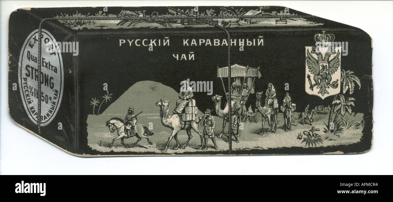 Russisches Caravan Tea Werbebroschüre als ausgestanzte Faksimile von Teepacket1899 Stockfoto