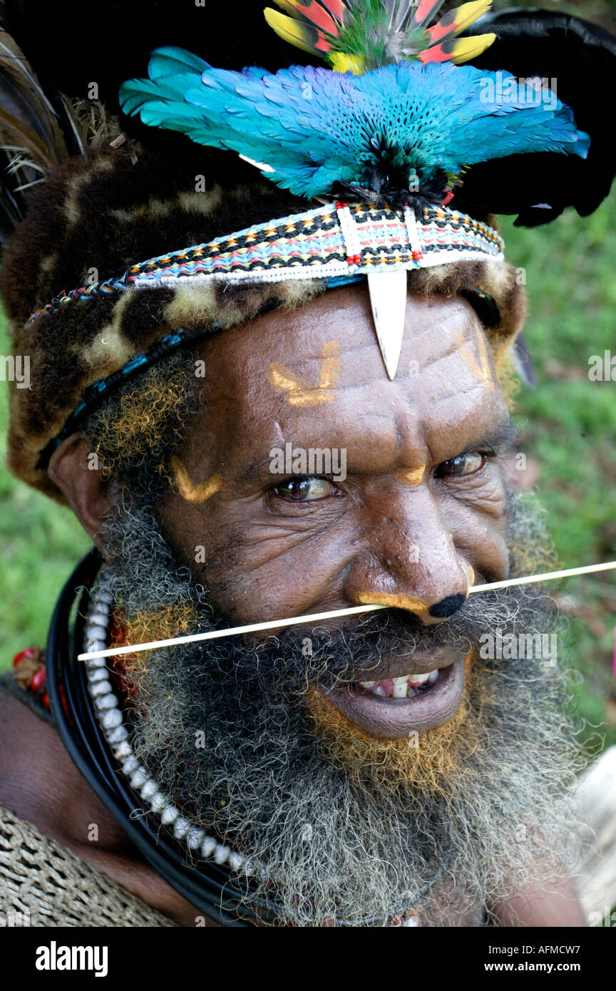 Ein Huli Wigman Stammes-Krieger, Tari, Papua New Guinea Stockfoto