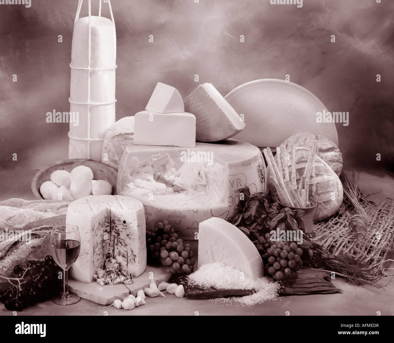 Italienische Käsesorten in Sepia von Gruppenfoto auf Warm getönten gesprenkelte Hintergrund. Querformat, Studio Tischplatte. Klassisches Bild. Stockfoto