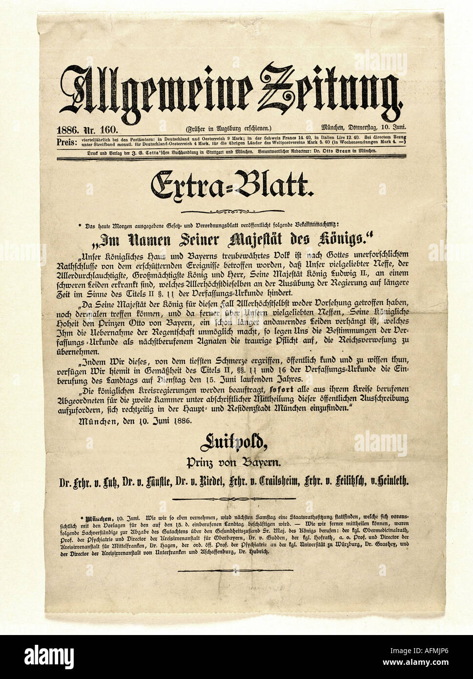 Presse/Medien, Zeitschriften/Zeitschriften, Allgemeine Zeitung, Sonderausgabe, München 10.6.1886, offener Brief des bayerischen Fürsten Luitpold über die Entmündigung König Ludwigs II., Stockfoto