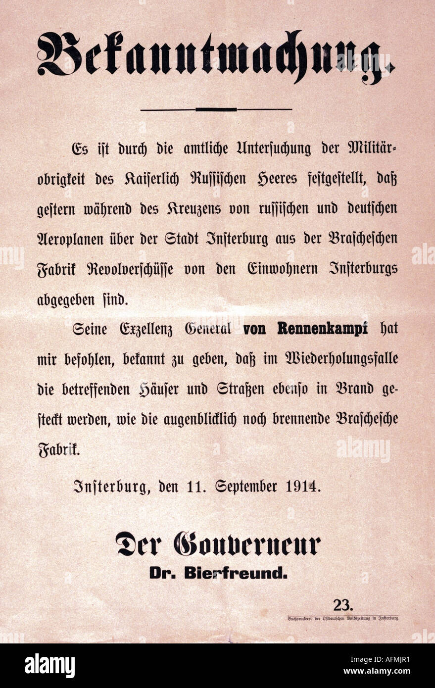 Ereignisse, Erster Weltkrieg / erster Weltkrieg, Ostfront, Warnung vor russischen Repressalien, Insterburg, Ostpreussen, Deutschland, 11.9.1914, Stockfoto