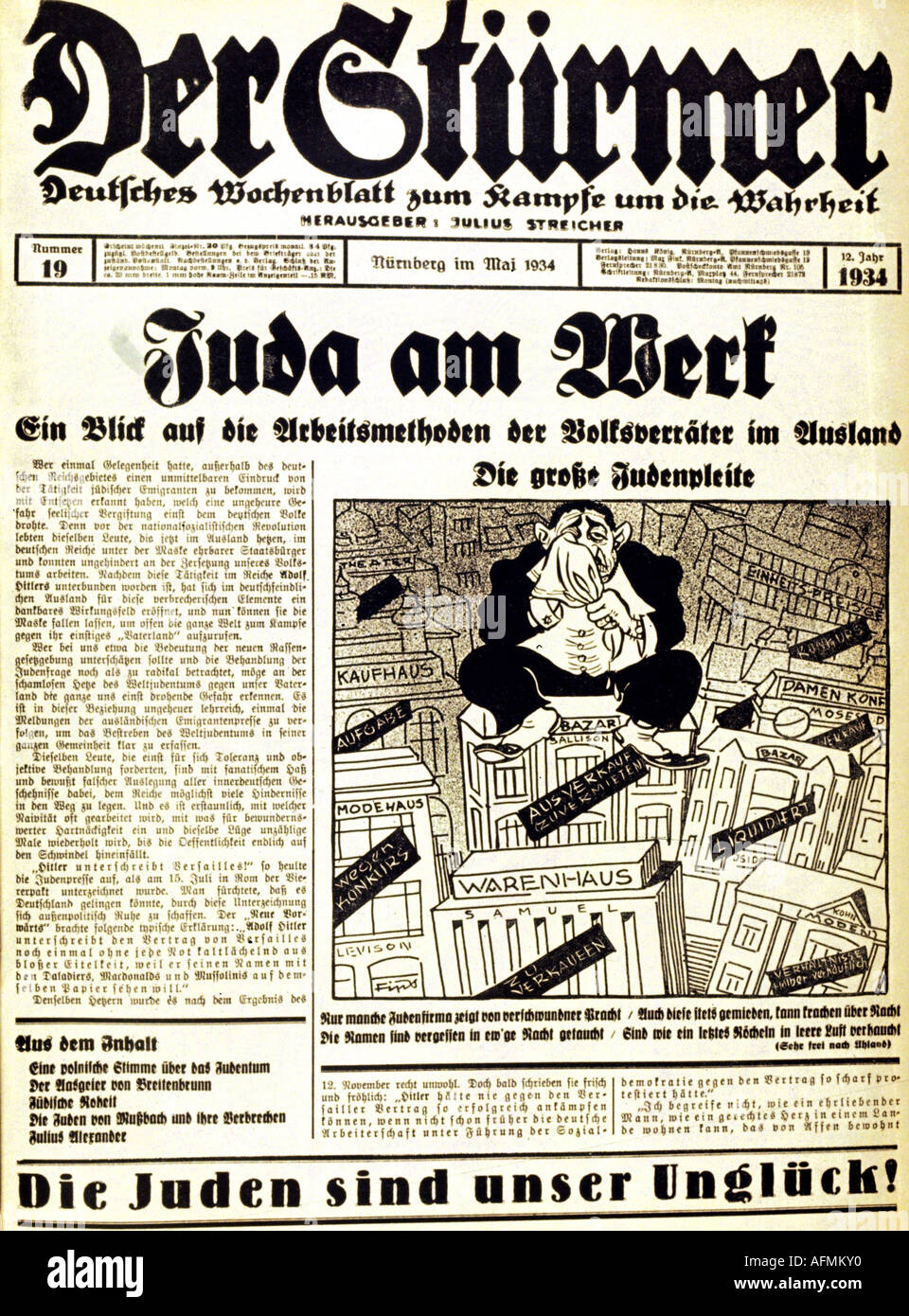 Nationalsozialismusnationalsozialismus Presse Zeitung Der Stürmer Nummer 19 Nürnberg Mai 
