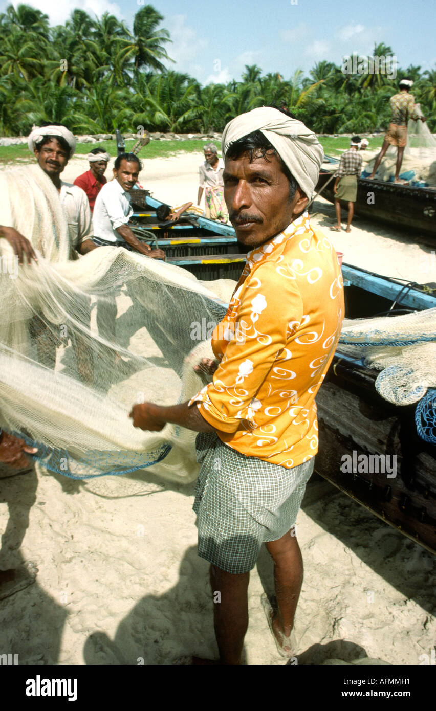Indien-Kerala-Alleppey Fischen Fischer und Netze Stockfoto