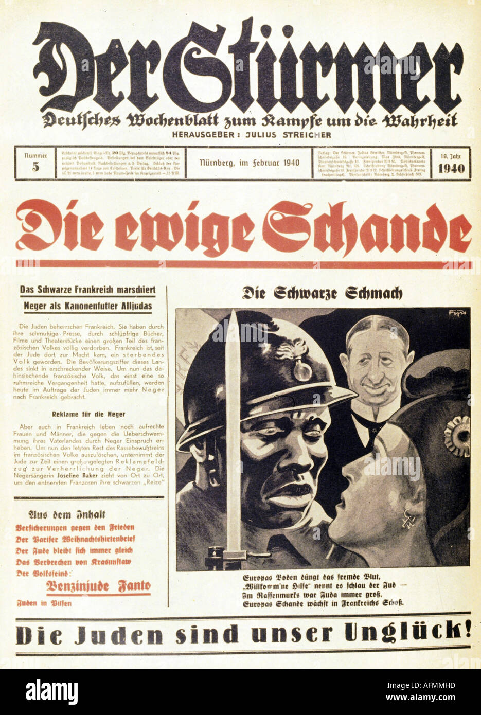 Nationalsozialismus/Nationalsozialismus, Presse, Zeitung "der Stürmer", Nummer 5, Nürnberg, Februar 1940, Titel, Karikatur durch Fips, Stockfoto