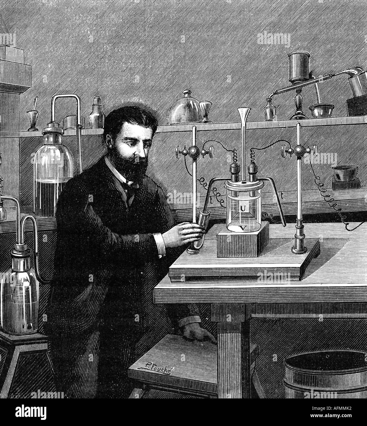 Moissan, Henri, 28.9.1852 - 20.2.1907, französischer Chemiker, im Labor, woodprint, ca. 1902, Stockfoto