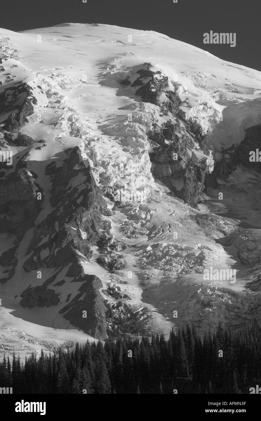 Kaskade-Strecke, Mount Rainier National Park, USA WASHINGTON, Paradies-Bereich, Südwand, Nisqually Glacier schwarz und weiß Stockfoto