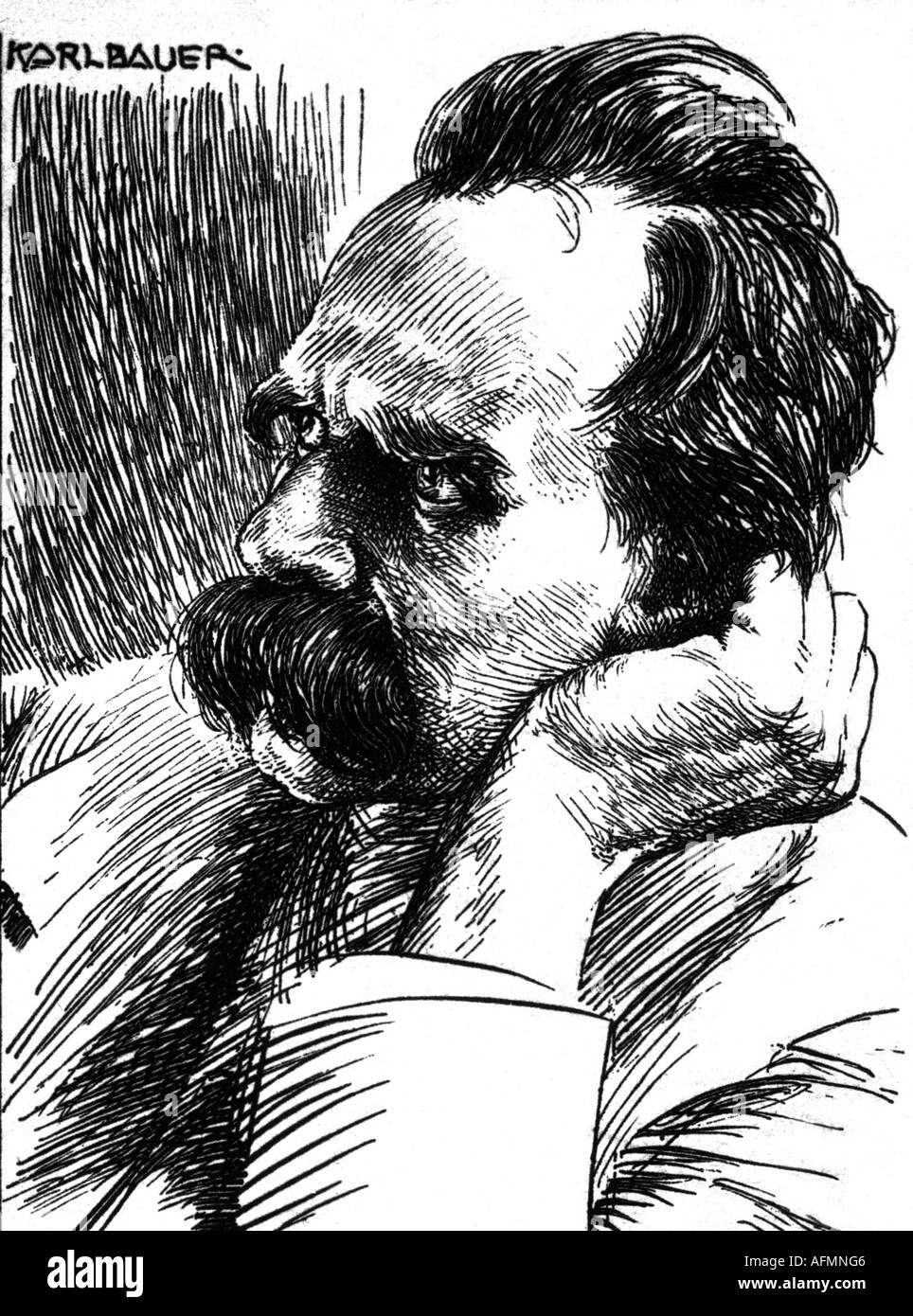 Nietzsche, Friedrich, 15.10.1844 - 25.8.1900, deutscher Philosoph, Porträt, Zeichnung von Karl Bauer, Stockfoto