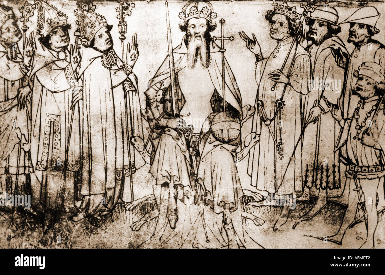 Karl IV., 14.5.1316 - 19.11.1378, Heiliger römischer Kaiser 5.4.1355 - 19.11.1378, auf dem Thron, Zeichnung, Titel eines Waffenarsenals, 1347, Graf von Luxmebourg, König Karel I. von Böhmen, Heiliges Römisches Reich, Mittelalter, 14. Jahrhundert, Stockfoto