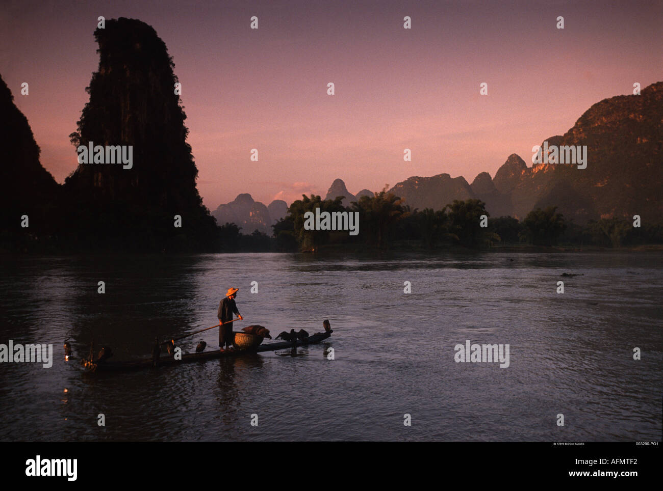 Fischer und ausgebildete Kormorane Li Fluss der Provinz Guangxi China Stockfoto