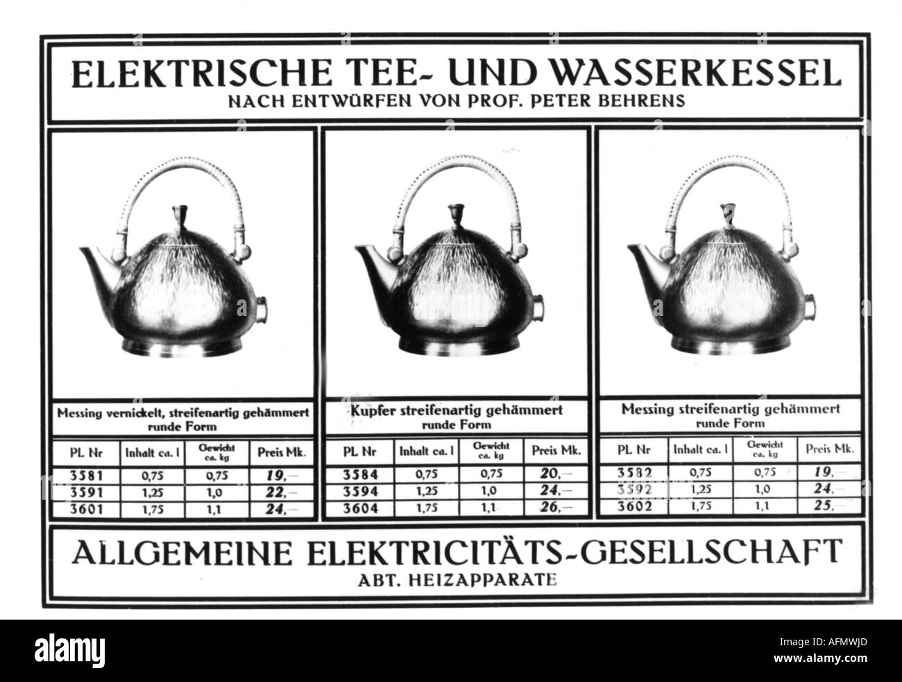 Haushalt, Haushaltsgeräte, Teekessel AEG, entworfen von Peter Behrens, Werbeplakat, ca. 1910, Stockfoto