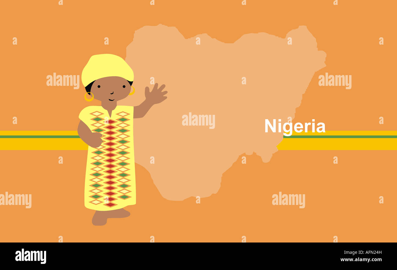 Mädchen in traditioneller Kleidung in der Nähe von Karte von Nigeria Stockfoto