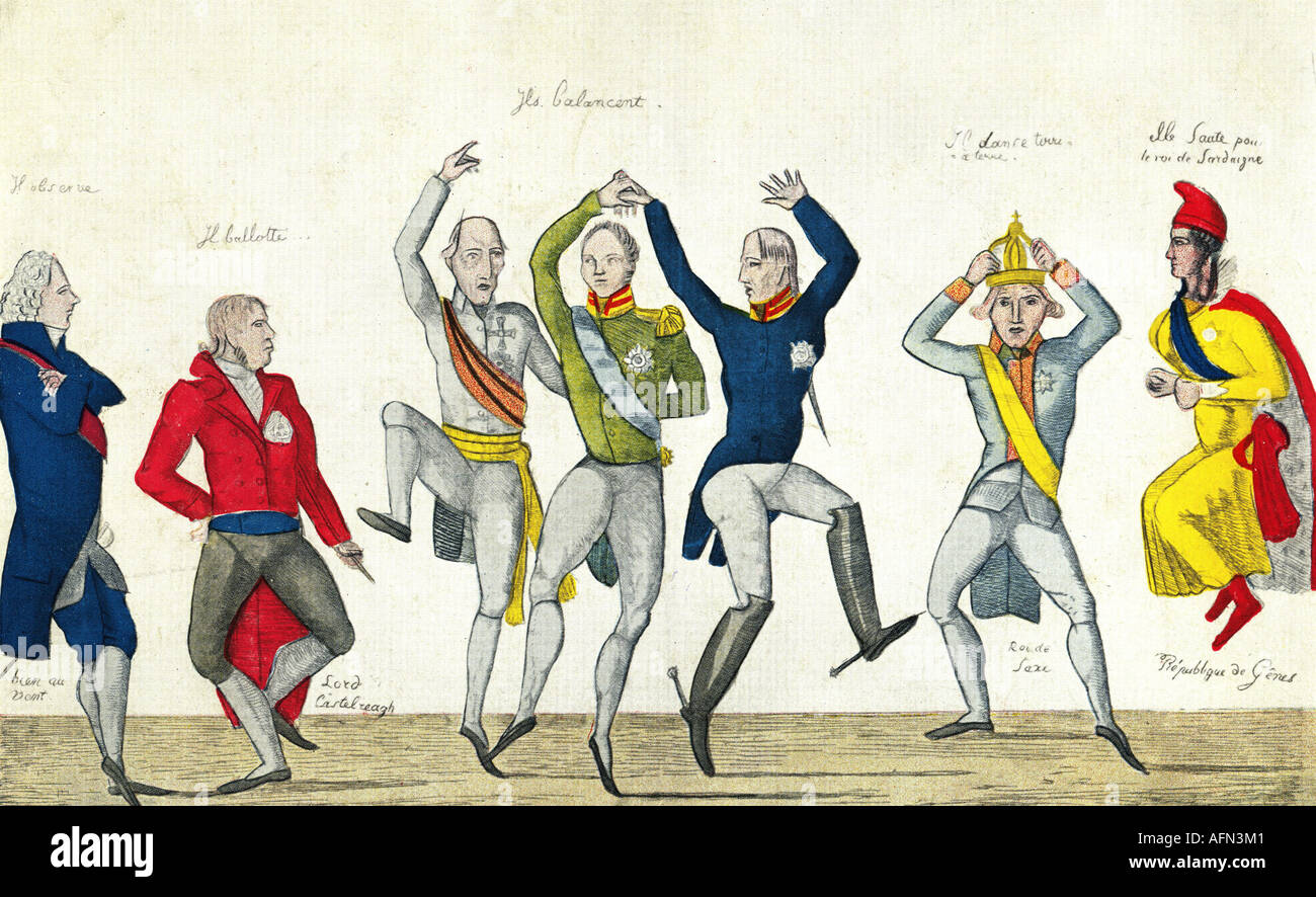 Veranstaltungen, Wiener Kongress, 18.8.1814 - 9.7.1815, französische Karikatur, 1815, Charles Maurice de Talleyrand-Perigord, Außenminister Frankreichs, Robert Stewart, Viscount Castlereagh, Außenminister Großbritanniens, Emperer Francis I. von Österreich, Zar Alexander I. von Russland, König Friedrich Wilhelm III. Von Preßburg, König Friedrich August I. von Sachsen, Republik Genua, Europa, Politik, Talleyrand, 19. Jahrhundert, historisch, historisch, Menschen, Stockfoto