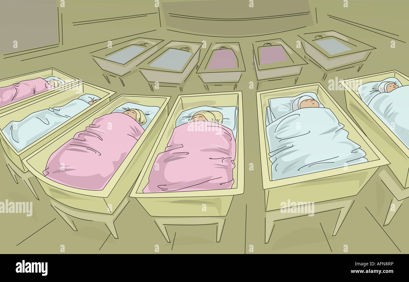 Neugeborene schlafen in Krippen in einem Krankenhaus-Kindergarten Stockfoto