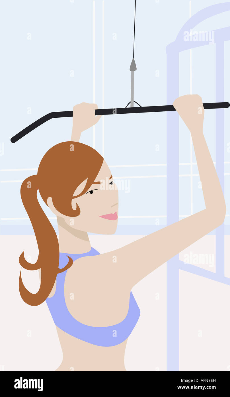Junge Frau mit einer seitlichen Pulldown-Maschine Stockfoto