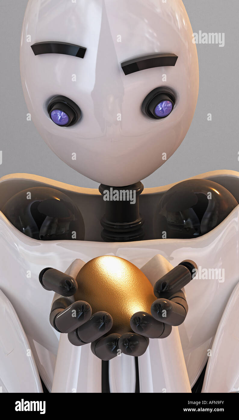 Roboter hält ein goldenes Ei Stockfoto