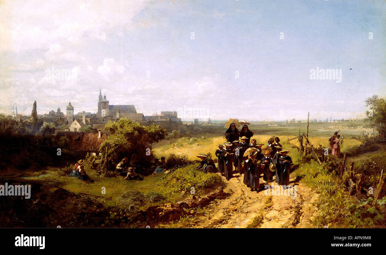 "Bildende Kunst - Spitzweg, Carl (1808 – 1885), Malerei"Institutsspaziergang"(zu Fuß mit dem Institut), ca. 1872, Öl auf Canva Stockfoto