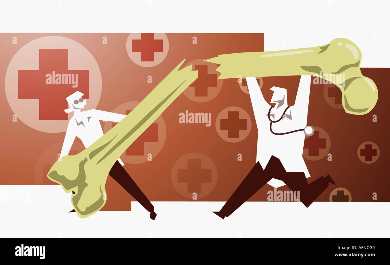 Ärzte halten zwei Teile eines menschlichen Knochens Stockfoto