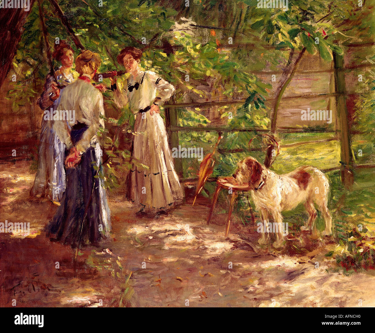 "Bildende Kunst - Uhde, Fritz von (22.5.1848 - 25.2.1911), Malerei,"Sterben zweier Im Garten"(Ansicht des Künstlers Hotelgarten mit seinen Stockfoto