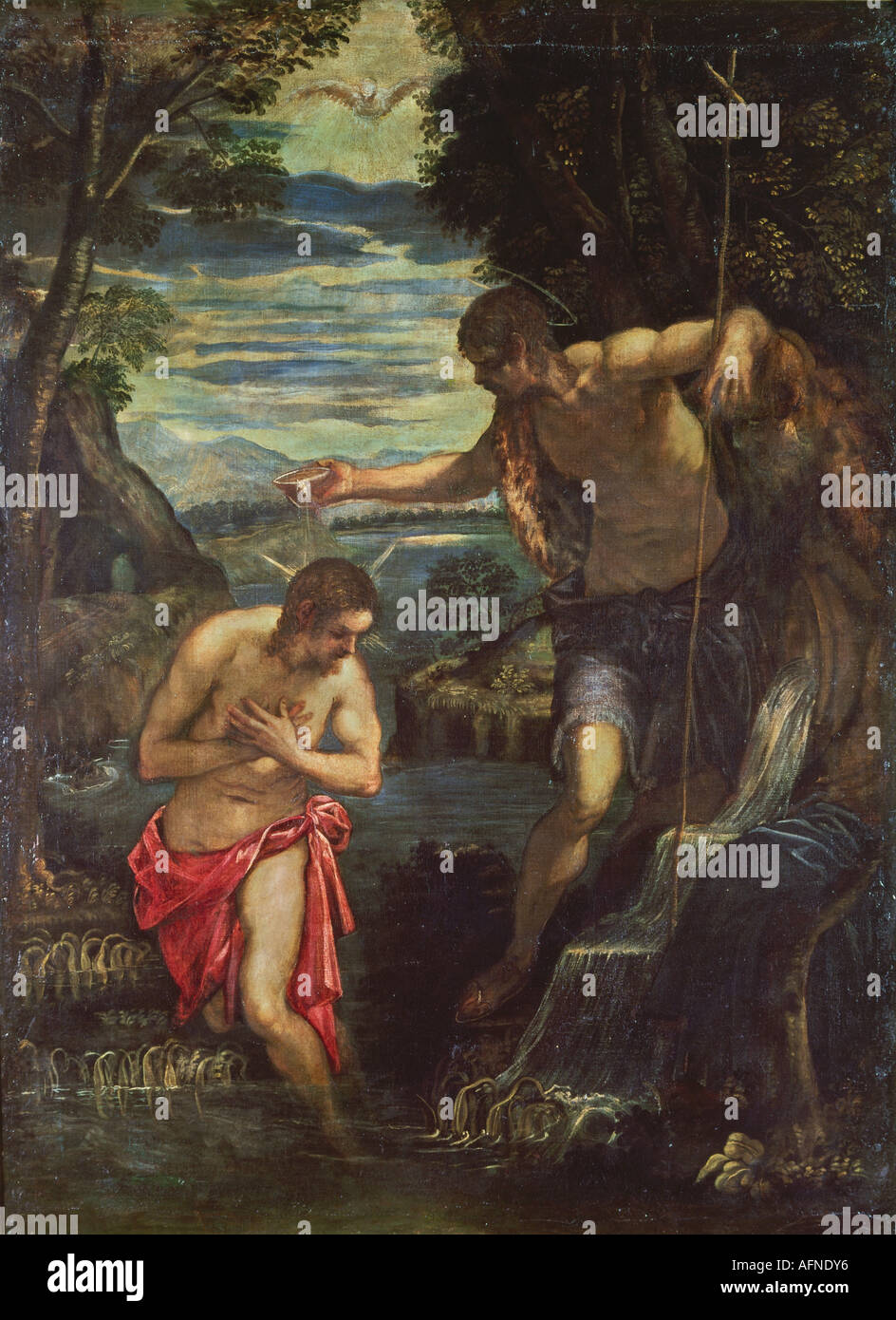 Bildende Kunst, Jesus Christus, Malerei,"Taufe Christi", Öl auf Leinwand,  105x137cm, Tintoretto, (1518-1594), Prado, Madrid, R Stockfotografie - Alamy