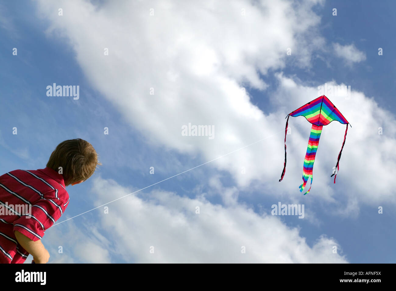 Junge fliegen sein Kite an einem hellen Sommertag Stockfoto
