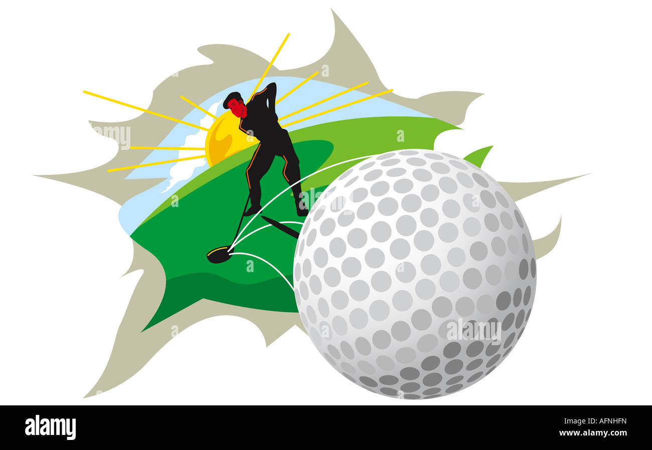 Golf Ball und junger Mann einen Golfschläger schwingen Stockfoto