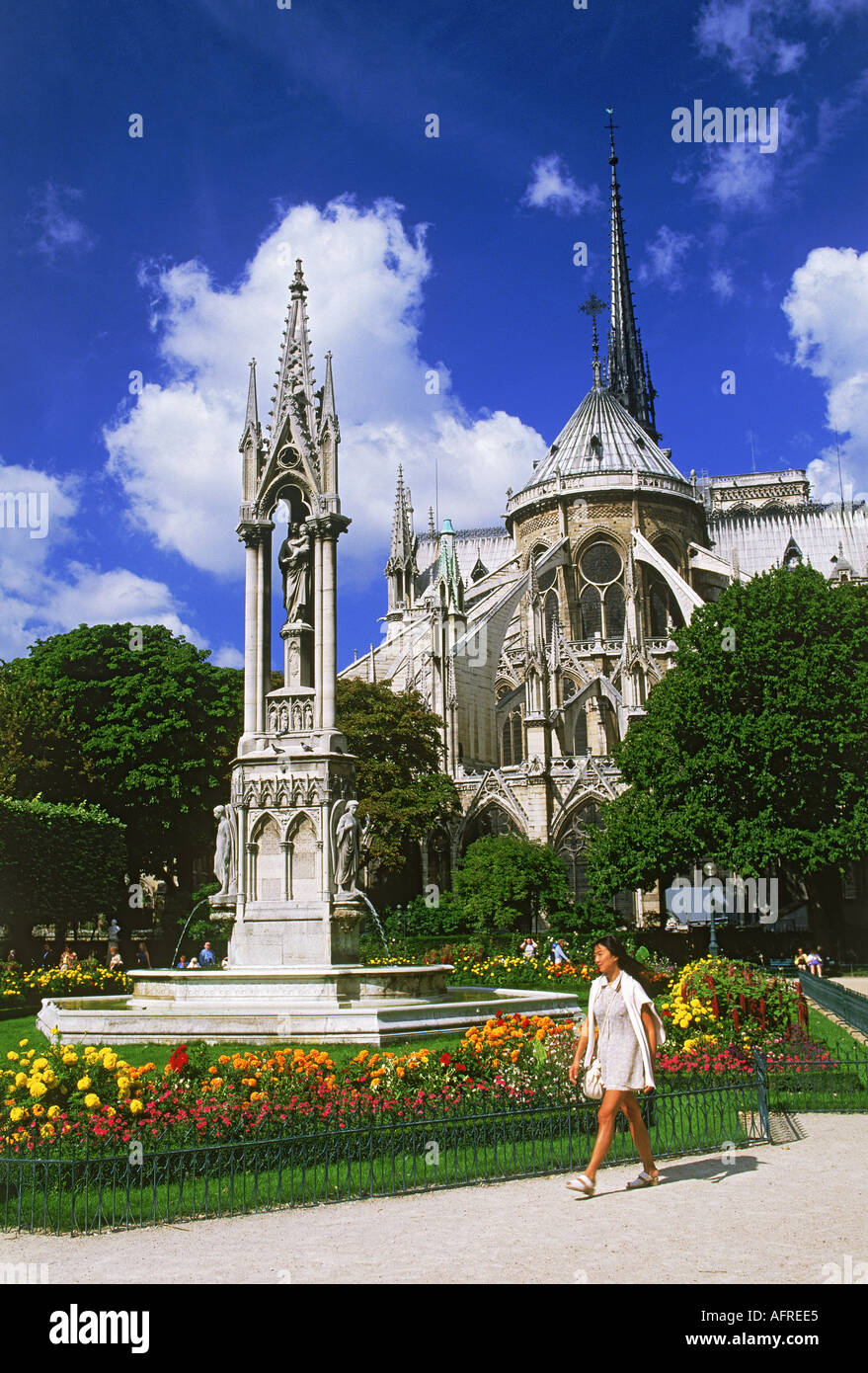 Frau vorbei an Gärten auf Île De La Cité mit Notre Dame in Paris Stockfoto