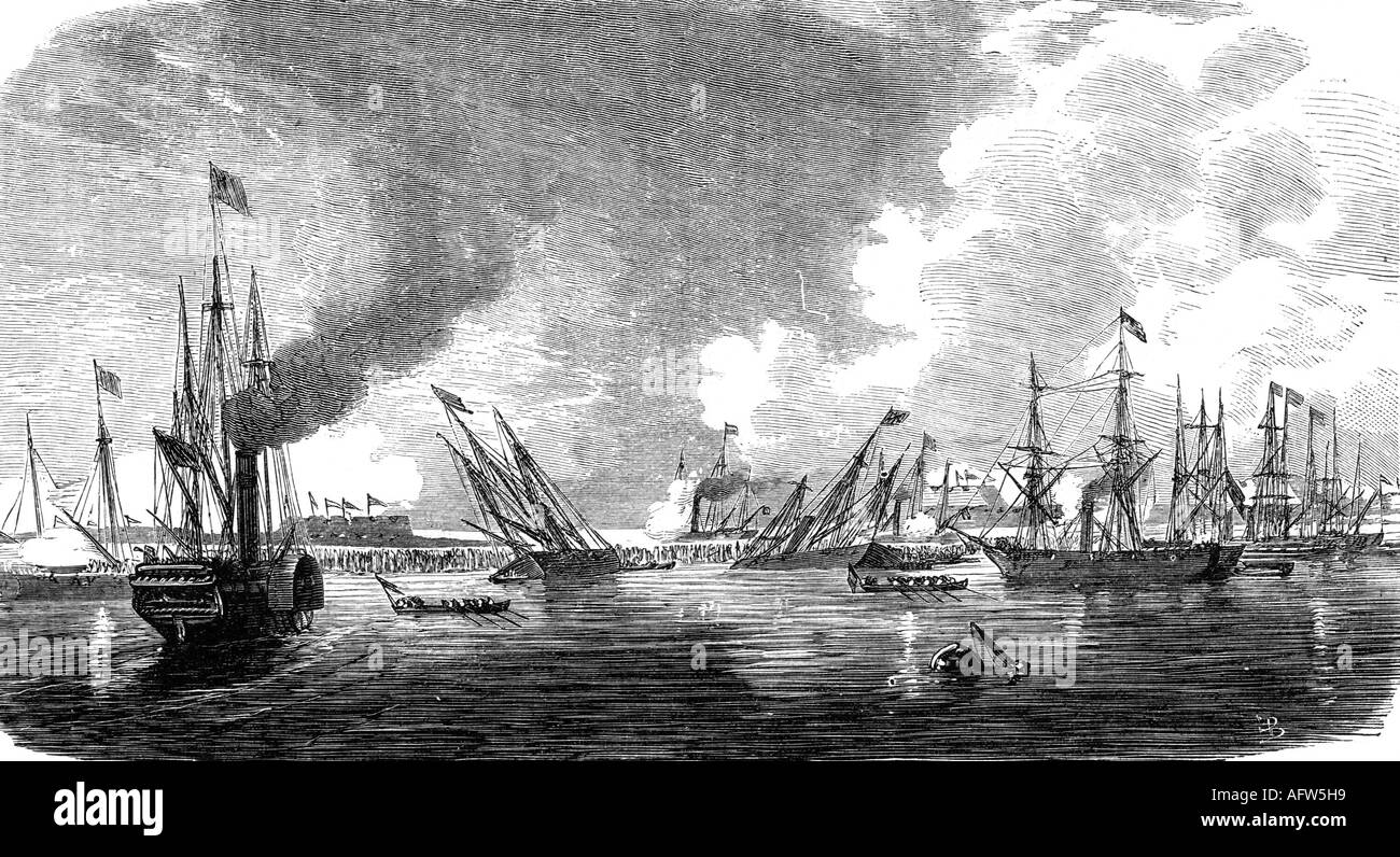 Ereignisse, Zweiter Opiumkrieg 1856 - 1860, Angriff gegen die Taku-Forts, 20.5.1858, Gravur, 'Die Glocke', Leipzig, 29.10.1859, China, Großbritannien, Frankreich, Kolonialismus, Imperialismus, französische und britische Marine, Kriegsschiffe, Asien, Stockfoto