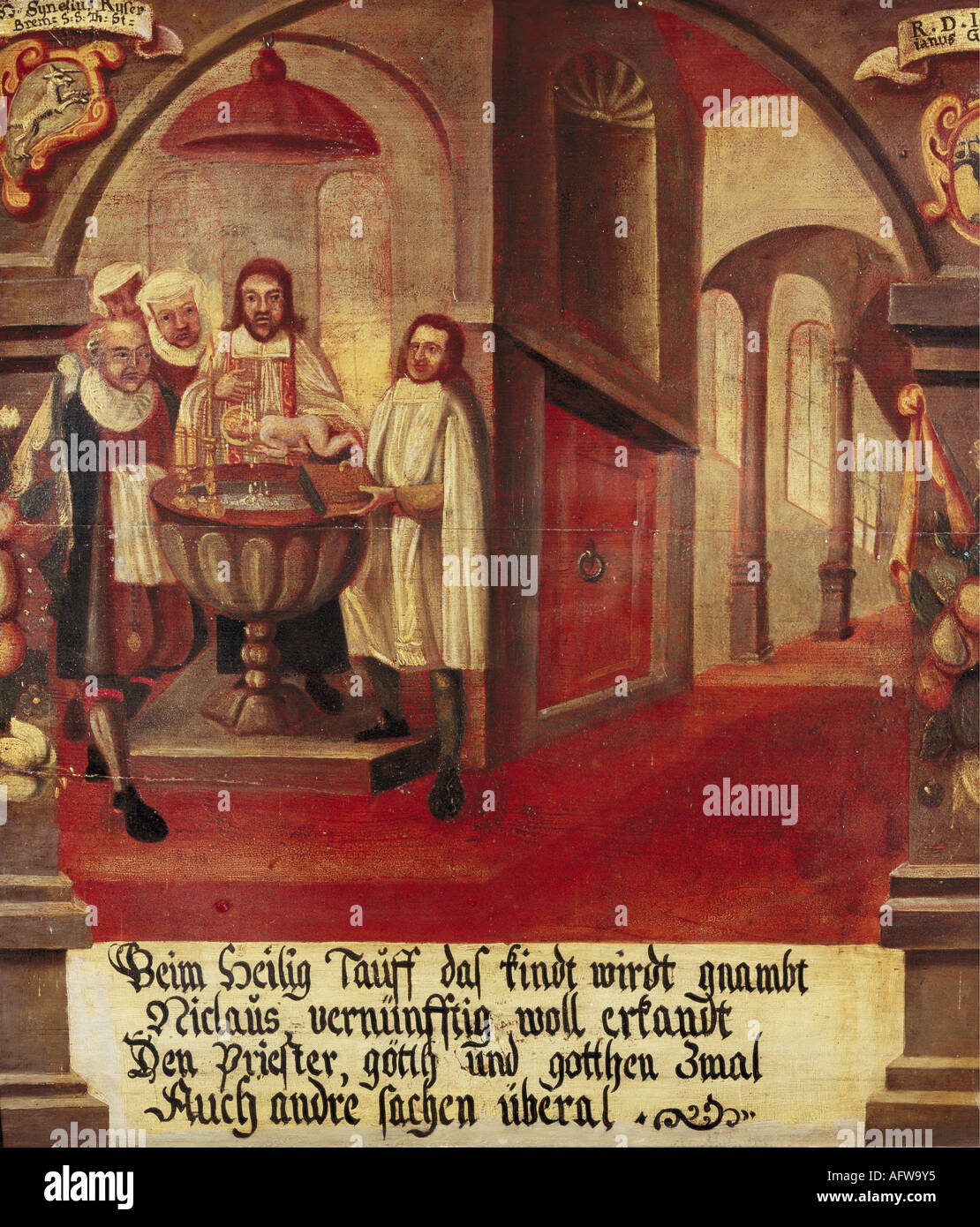 Nikolaus von Flue, 1417 - 21.3.1487, Schweizer Einsiedler, Askese, Mystiker, Heiliger, Taufe, Gemälde, 1677, Emmauskapelle, Bremgarten, Stockfoto