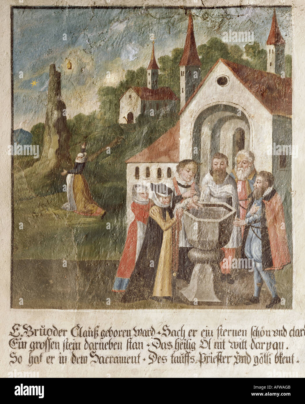 Nikolaus von Flue, 1417 - 21.3.1487, Schweizer Einsiedler, Askese, Mystiker, Heiliger, Taufe, Fresko, 1623, Kapelle Sankt Jost, Galgen, Stockfoto