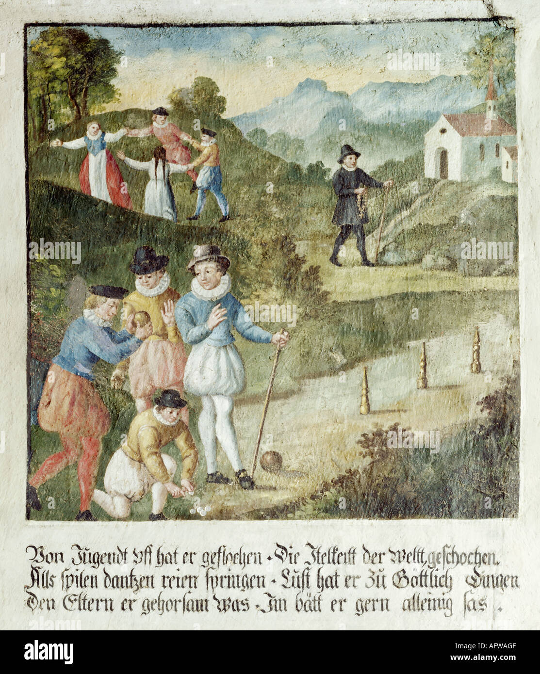 Nikolaus von Flue, 1417 - 21.3.1487, Schweizer Einsiedler, Askese, Mystiker, Heiliger, Isolation als Kind, Fresko, 1623, Kapelle Sankt Jost, Galgen, Stockfoto