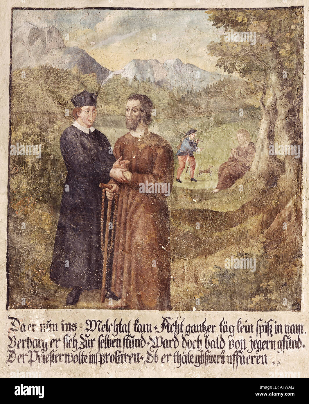 Nikolaus von Flue, 1417 - 21.3.1487, Schweizer Einsiedler, asketisch, mystisch, Heiliger, von einem Priester geprüft, Fresko, 1623, Kapelle Sankt Jost, Galgen, Stockfoto