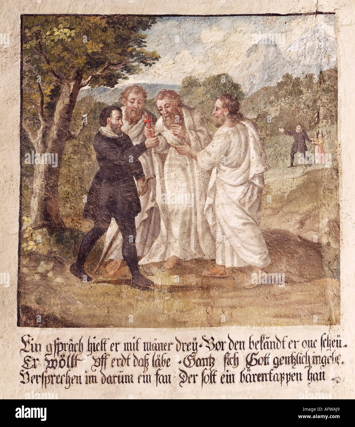 Nikolaus von Flue, 1417 - 21.3.1487, Schweizer Einsiedler, asketisch, mystisch, Heiliger, Gespräch mit drei Männern, Fresko, 1623, Kapelle Sankt Jost, Galgen, Stockfoto