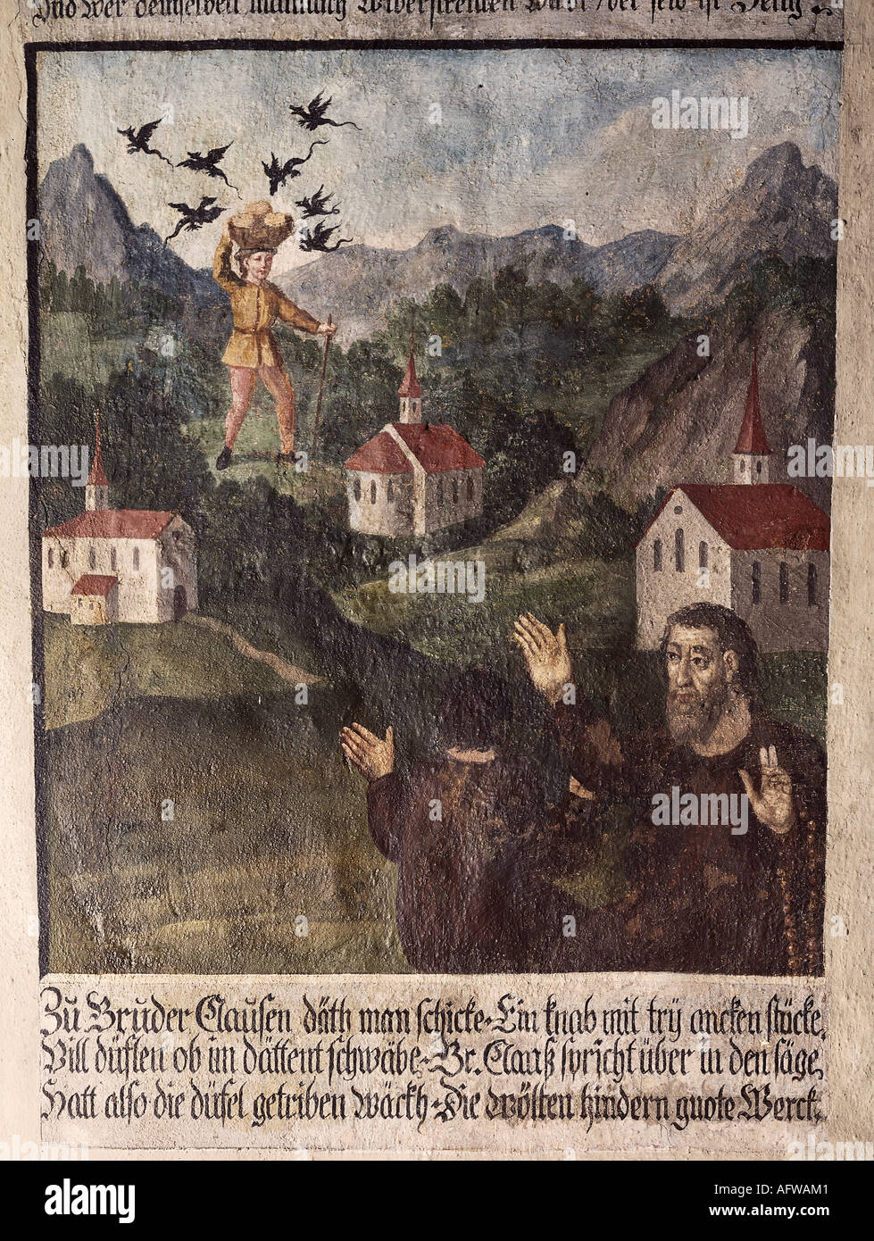 Nikolaus von Flue, 1417 - 21.3.1487, Schweizer Einsiedler, Askese, Mystiker, Heiliger, Verbannung der Teufel, Fresko, 1623, Kapelle Sankt Jost, Galgen, Stockfoto